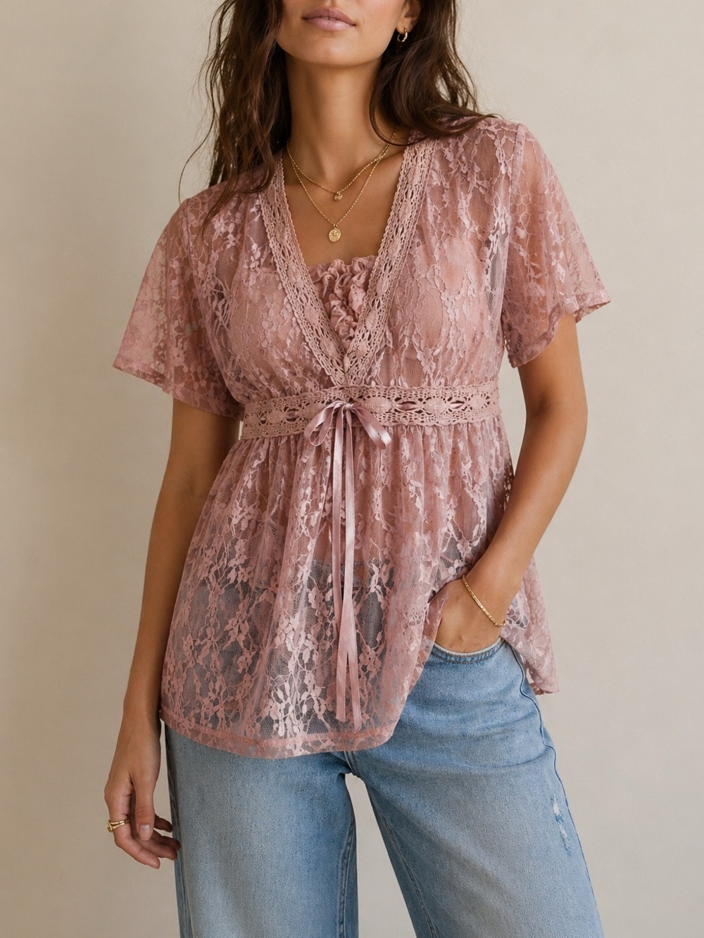 Sundance Sheer Lace Boho Top XS Mauve Rose Pink Crochet Trim Ribbon Romantic